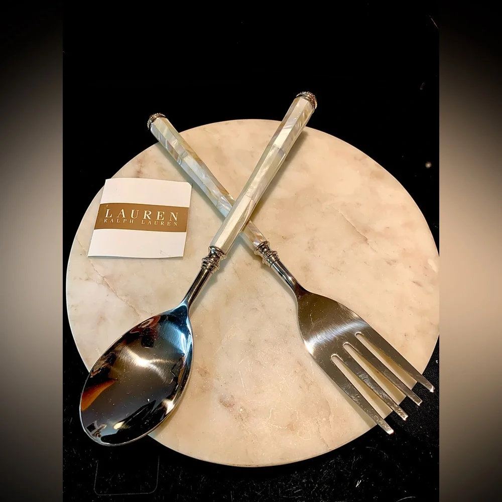 RALPH LAUREN PEARL SALAD SERVERS SET NEW STAINLESS STEEL FORK SPOON